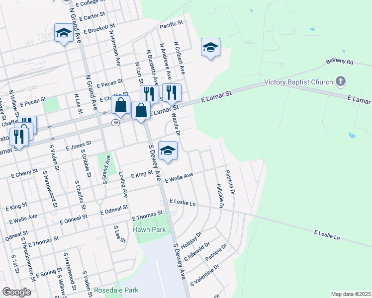 map of restaurants, bars, coffee shops, grocery stores, and more near 1925 East Hillbrook Street in Sherman