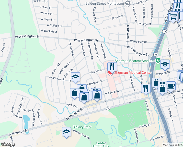 map of restaurants, bars, coffee shops, grocery stores, and more near 431 North Holly Avenue in Sherman