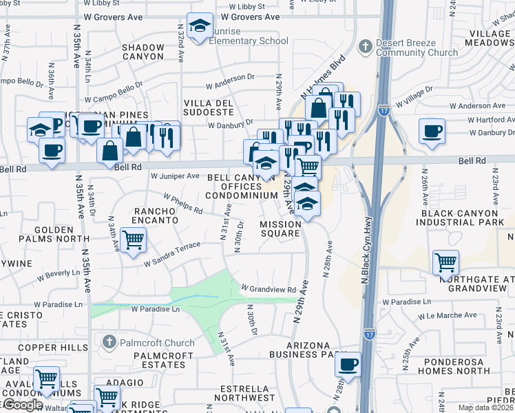 map of restaurants, bars, coffee shops, grocery stores, and more near 3021 West Juniper Avenue in Phoenix