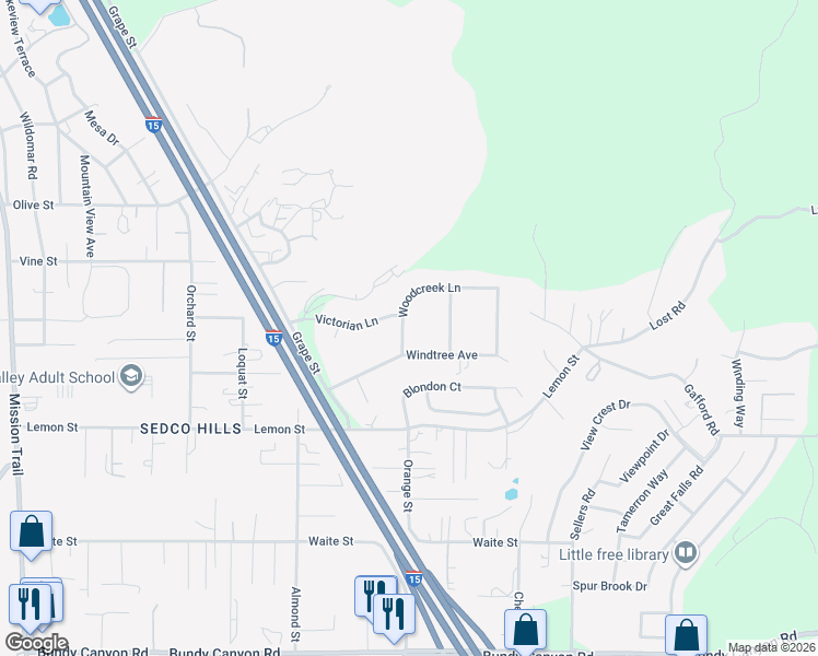 map of restaurants, bars, coffee shops, grocery stores, and more near 22065 Woodcreek Lane in Wildomar