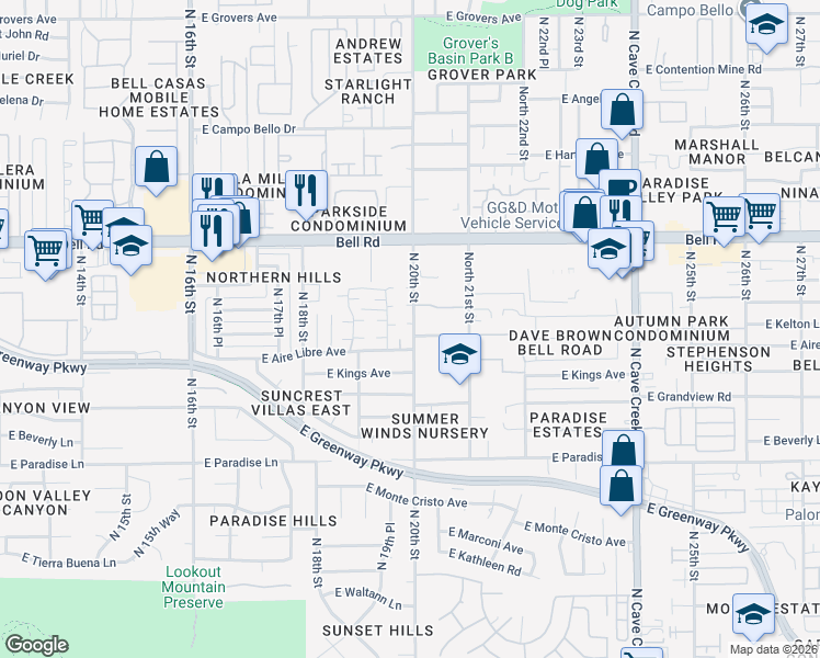 map of restaurants, bars, coffee shops, grocery stores, and more near 16618 North 20th Street in Phoenix