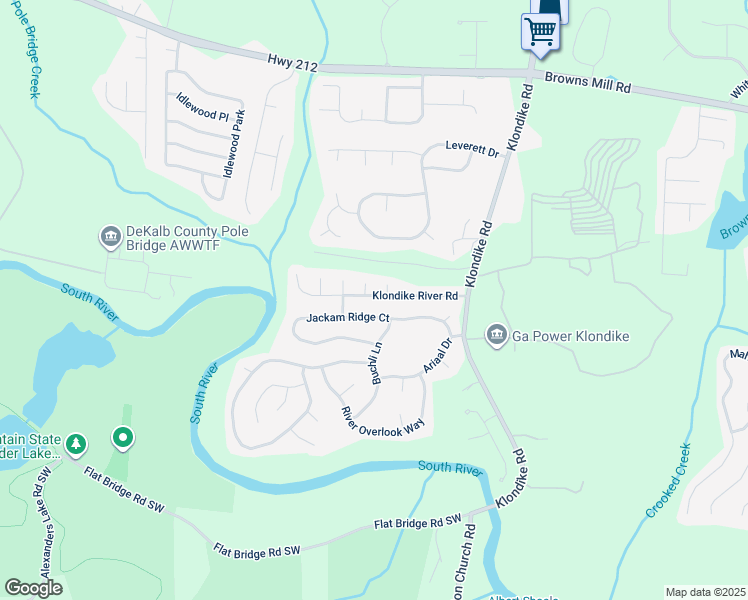 map of restaurants, bars, coffee shops, grocery stores, and more near 6295 Klondike River Road in Stonecrest