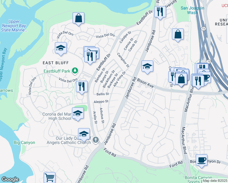map of restaurants, bars, coffee shops, grocery stores, and more near 900 Bellis Street in Newport Beach