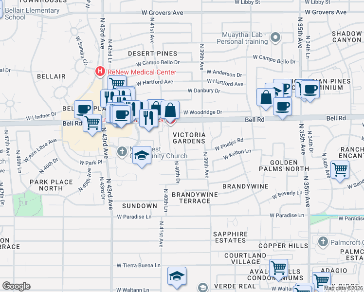 map of restaurants, bars, coffee shops, grocery stores, and more near 3934 West Phelps Road in Phoenix