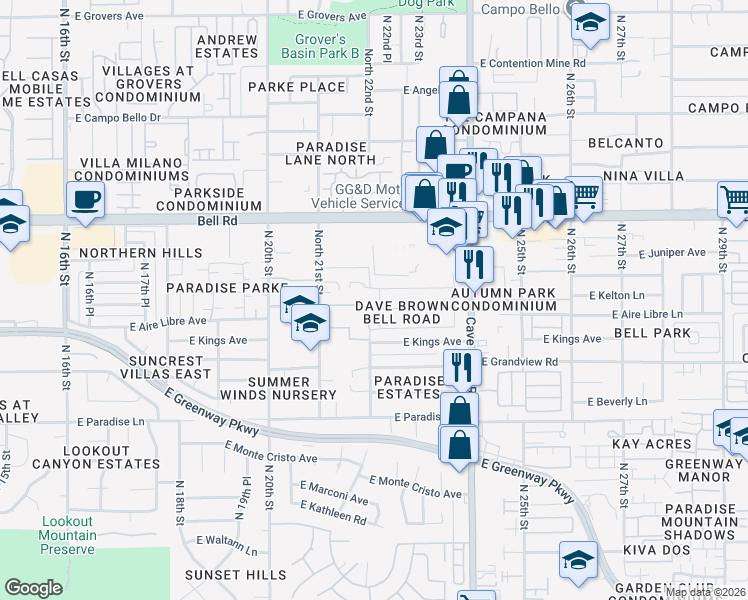 map of restaurants, bars, coffee shops, grocery stores, and more near 16630 North 22nd Street in Phoenix