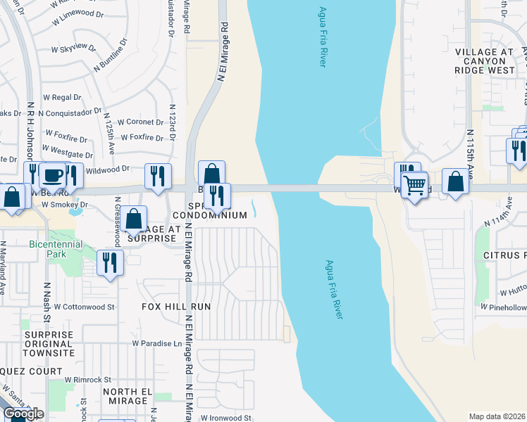 map of restaurants, bars, coffee shops, grocery stores, and more near 12123 West Bell Road in Surprise