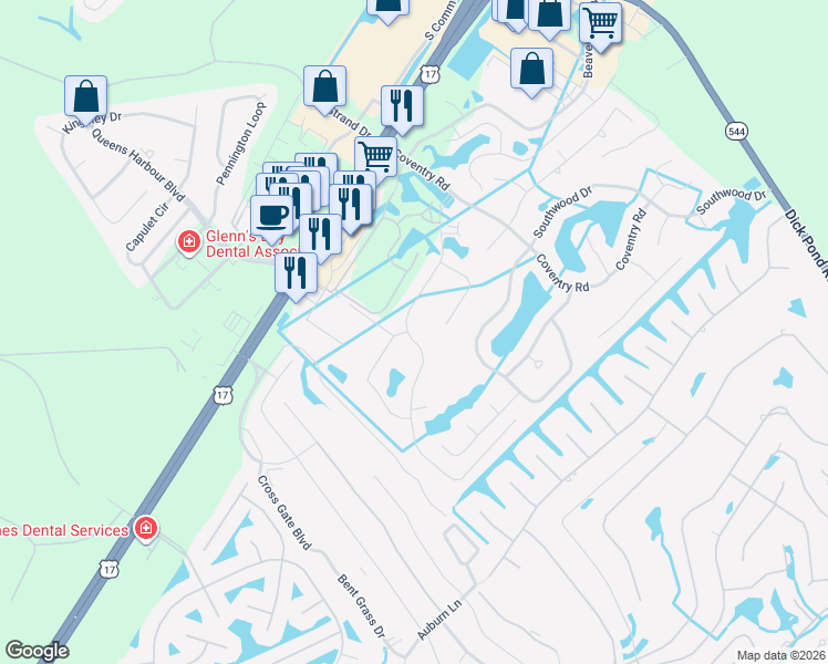 map of restaurants, bars, coffee shops, grocery stores, and more near 611 Hickman Street in Myrtle Beach