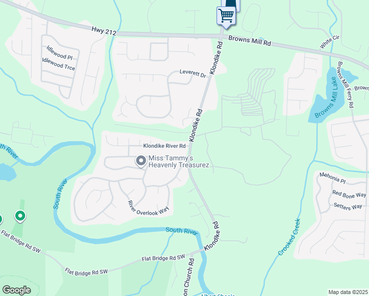 map of restaurants, bars, coffee shops, grocery stores, and more near 6381 Klondike River Road in Lithonia