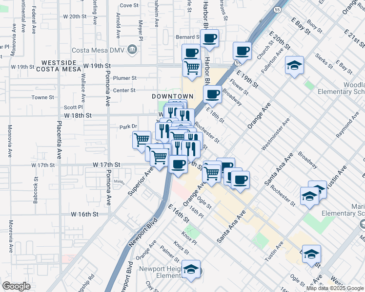 map of restaurants, bars, coffee shops, grocery stores, and more near 1706 Newport Boulevard in Costa Mesa