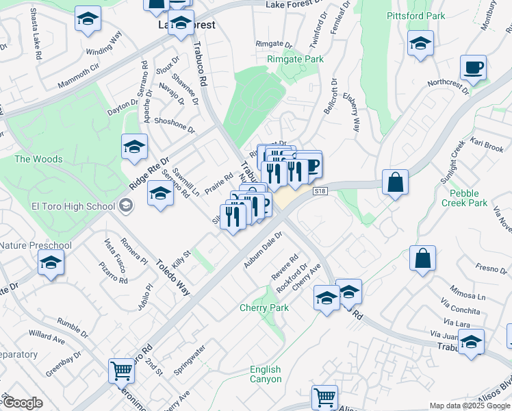 map of restaurants, bars, coffee shops, grocery stores, and more near 22412 Goldrush in Lake Forest