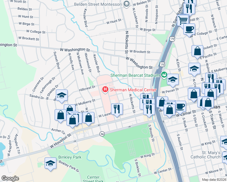 map of restaurants, bars, coffee shops, grocery stores, and more near 425 North Highland Avenue in Sherman