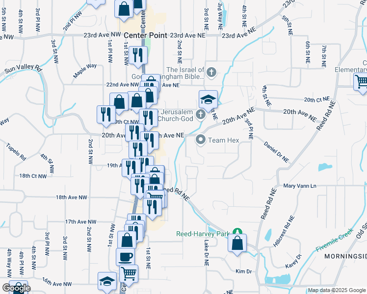 map of restaurants, bars, coffee shops, grocery stores, and more near 1940 2nd Street Northeast in Center Point