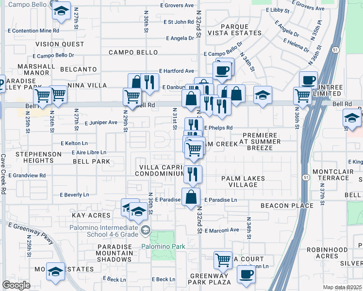 map of restaurants, bars, coffee shops, grocery stores, and more near 16601 North 31st Street in Phoenix