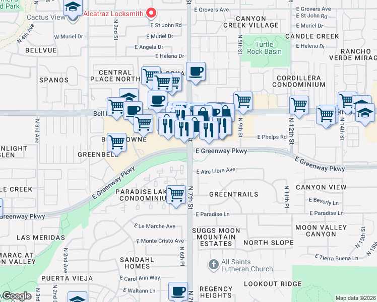 map of restaurants, bars, coffee shops, grocery stores, and more near in Phoenix