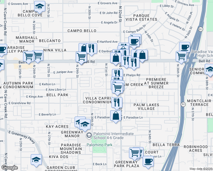 map of restaurants, bars, coffee shops, grocery stores, and more near 16601 North 31st Street in Phoenix