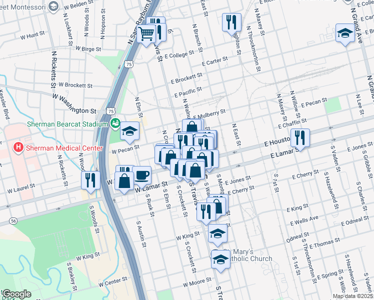 map of restaurants, bars, coffee shops, grocery stores, and more near 125 North Travis Street in Sherman