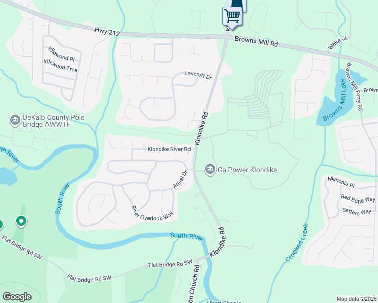map of restaurants, bars, coffee shops, grocery stores, and more near 6367 Klondike River Road in Stonecrest