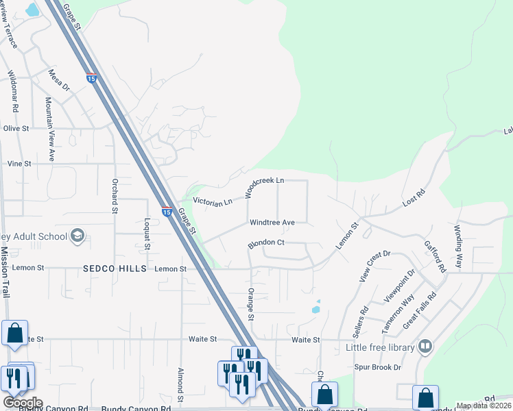 map of restaurants, bars, coffee shops, grocery stores, and more near 22065 Woodcreek Lane in Wildomar