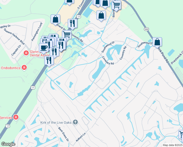 map of restaurants, bars, coffee shops, grocery stores, and more near 1452 Southwood Drive in Myrtle Beach