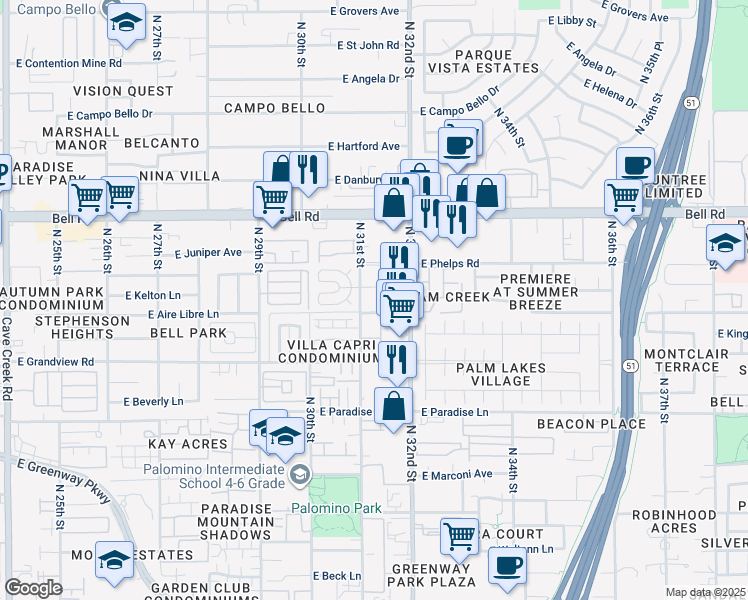 map of restaurants, bars, coffee shops, grocery stores, and more near 16601 North 31st Street in Phoenix