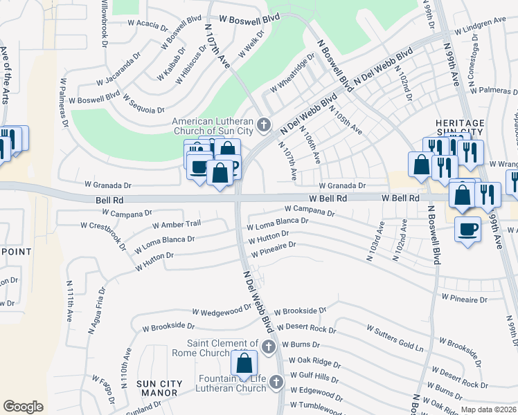 map of restaurants, bars, coffee shops, grocery stores, and more near 10630 West Campana Drive in Sun City