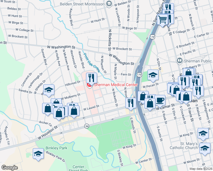 map of restaurants, bars, coffee shops, grocery stores, and more near 409 N Carl St in Sherman