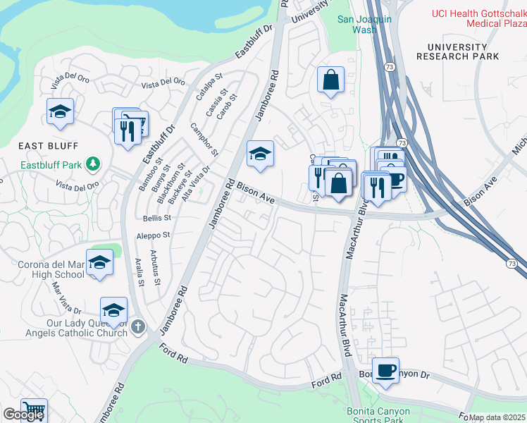 map of restaurants, bars, coffee shops, grocery stores, and more near 105 Hartford Drive in Newport Beach