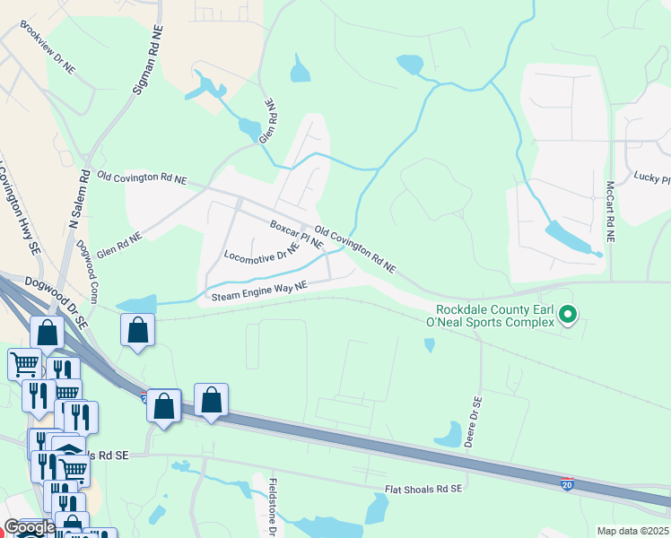 map of restaurants, bars, coffee shops, grocery stores, and more near 1664 Boxcar Pl NE in Conyers