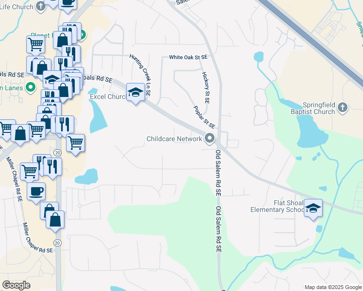 map of restaurants, bars, coffee shops, grocery stores, and more near 1321 Earle Court Southeast in Conyers