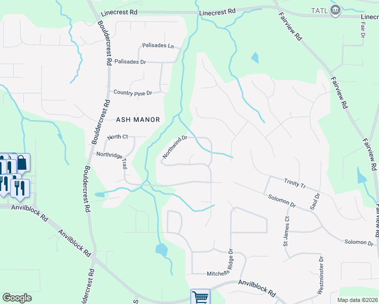 map of restaurants, bars, coffee shops, grocery stores, and more near 4271 Parsons Court in Ellenwood