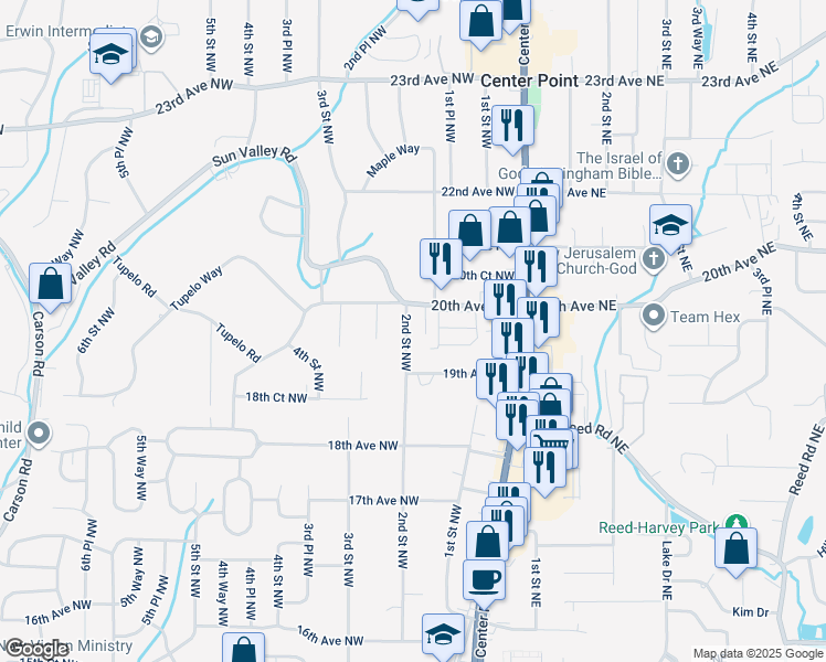 map of restaurants, bars, coffee shops, grocery stores, and more near 1925 2nd Street Northwest in Center Point