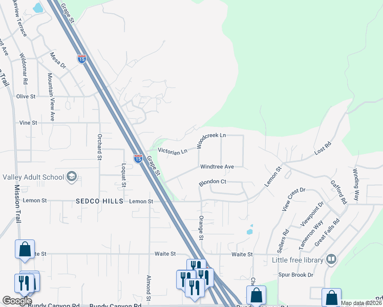 map of restaurants, bars, coffee shops, grocery stores, and more near 21971 Victorian Lane in Wildomar