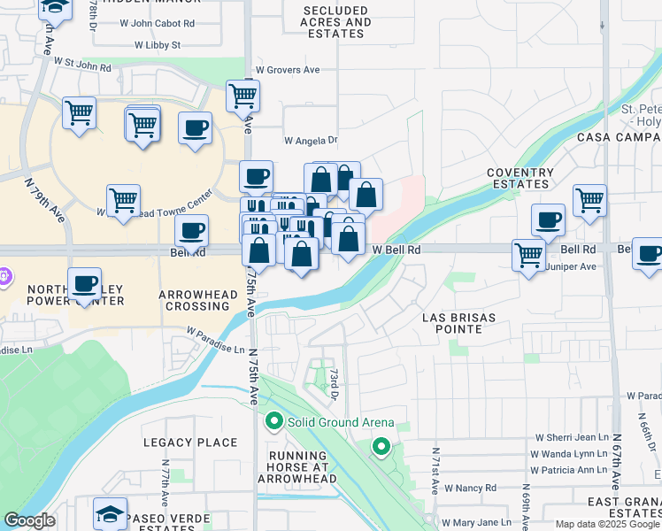 map of restaurants, bars, coffee shops, grocery stores, and more near 7337 West Bell Road in Peoria