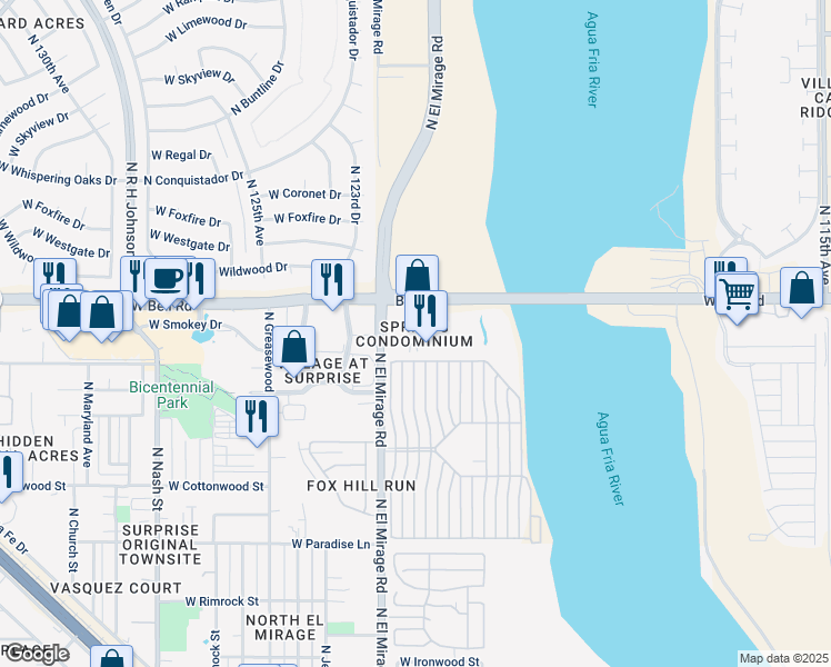 map of restaurants, bars, coffee shops, grocery stores, and more near 12215 West Bell Road in Surprise