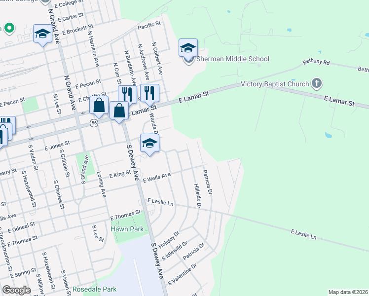 map of restaurants, bars, coffee shops, grocery stores, and more near 524 Hillside Drive in Sherman