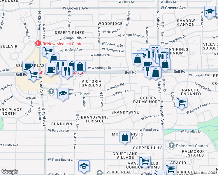 map of restaurants, bars, coffee shops, grocery stores, and more near 3820 West Phelps Road in Phoenix