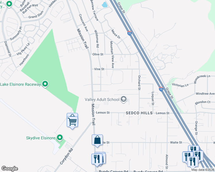 map of restaurants, bars, coffee shops, grocery stores, and more near 21225 Victorian Lane in Wildomar