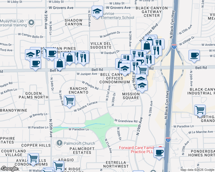 map of restaurants, bars, coffee shops, grocery stores, and more near 16814 North 31st Avenue in Phoenix