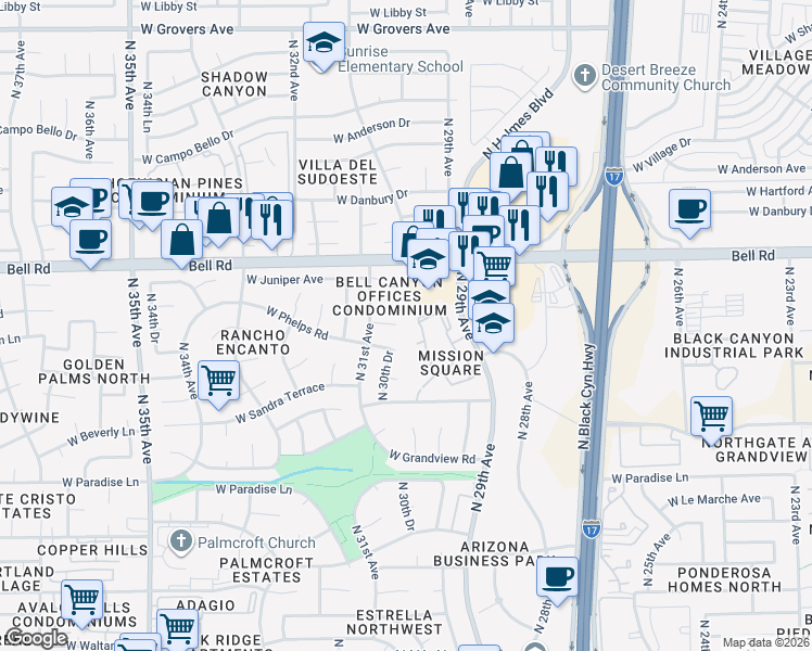 map of restaurants, bars, coffee shops, grocery stores, and more near 3021 West Juniper Avenue in Phoenix
