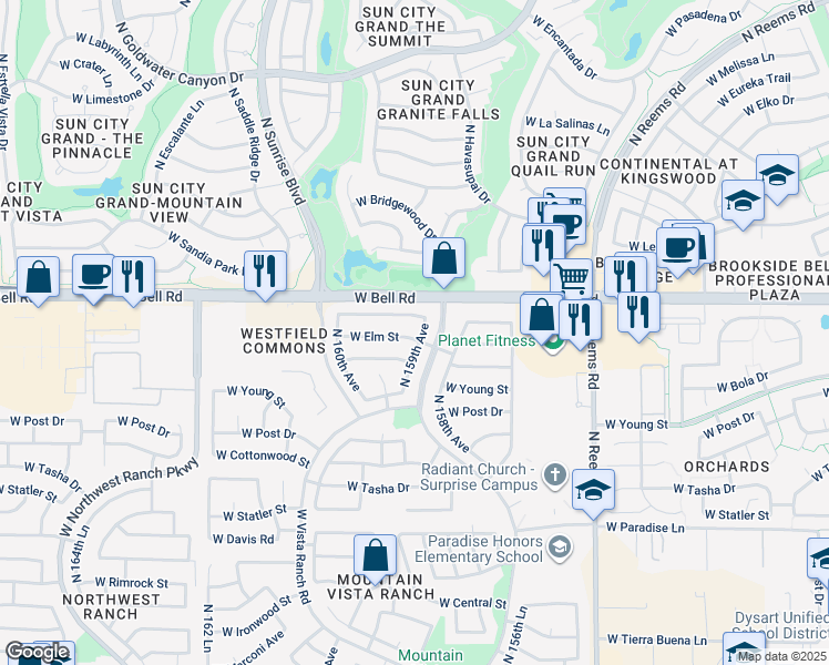 map of restaurants, bars, coffee shops, grocery stores, and more near 15906 West Elm Street in Surprise