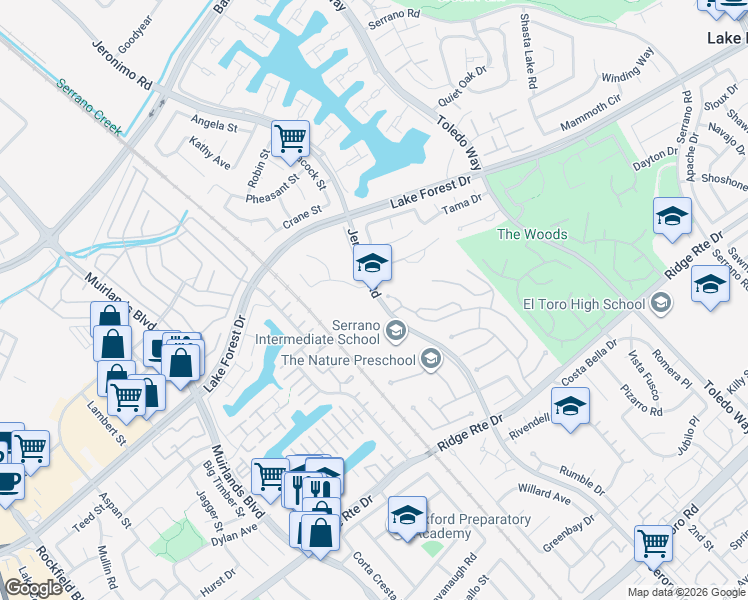 map of restaurants, bars, coffee shops, grocery stores, and more near 24642 Jeronimo Road in Lake Forest