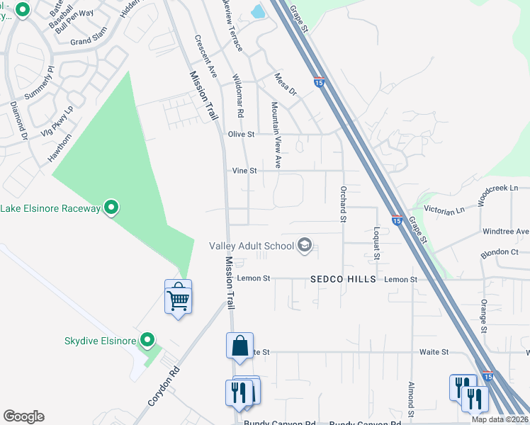 map of restaurants, bars, coffee shops, grocery stores, and more near 21225 Victorian Lane in Wildomar