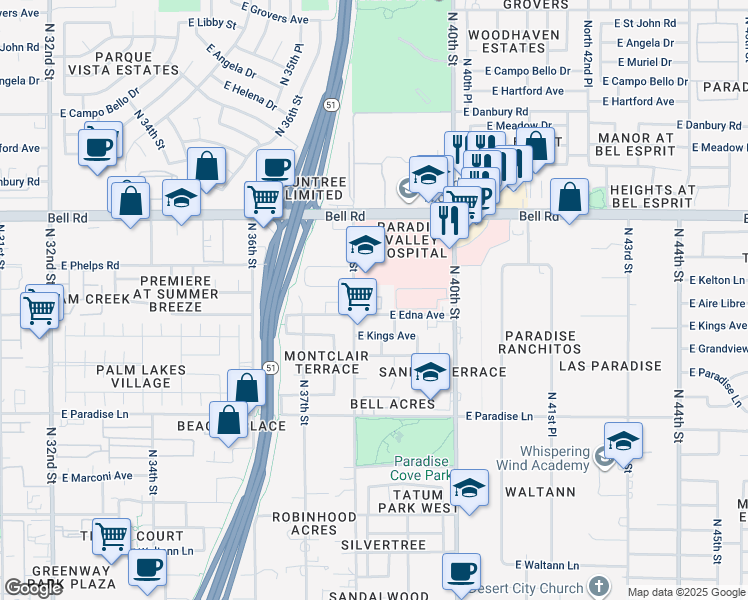 map of restaurants, bars, coffee shops, grocery stores, and more near 16621 North 38th Street in Phoenix
