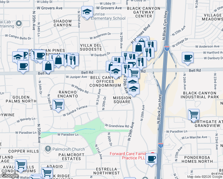 map of restaurants, bars, coffee shops, grocery stores, and more near 3021 West Juniper Avenue in Phoenix