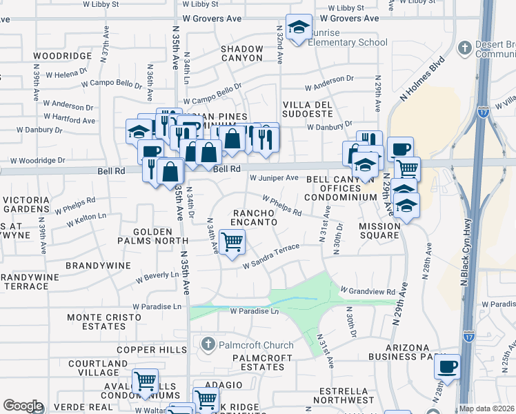map of restaurants, bars, coffee shops, grocery stores, and more near 3330 West Kelton Lane in Phoenix