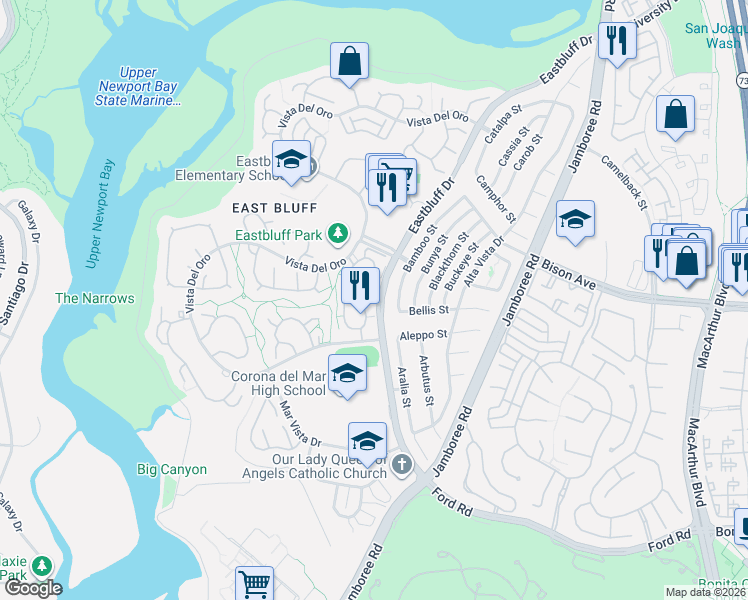 map of restaurants, bars, coffee shops, grocery stores, and more near 2417 Bamboo Street in Newport Beach