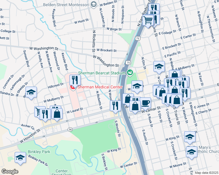 map of restaurants, bars, coffee shops, grocery stores, and more near 319-321 North Woods Street in Sherman