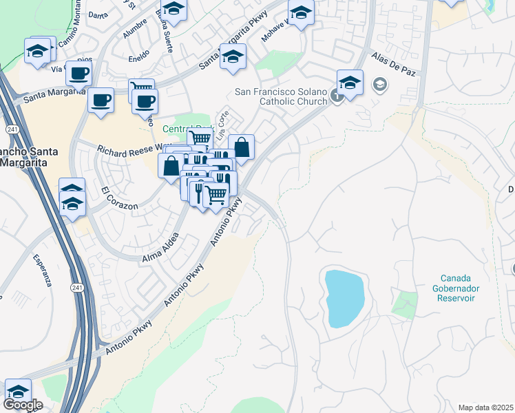 map of restaurants, bars, coffee shops, grocery stores, and more near 63 Santa Loretta in Rancho Santa Margarita