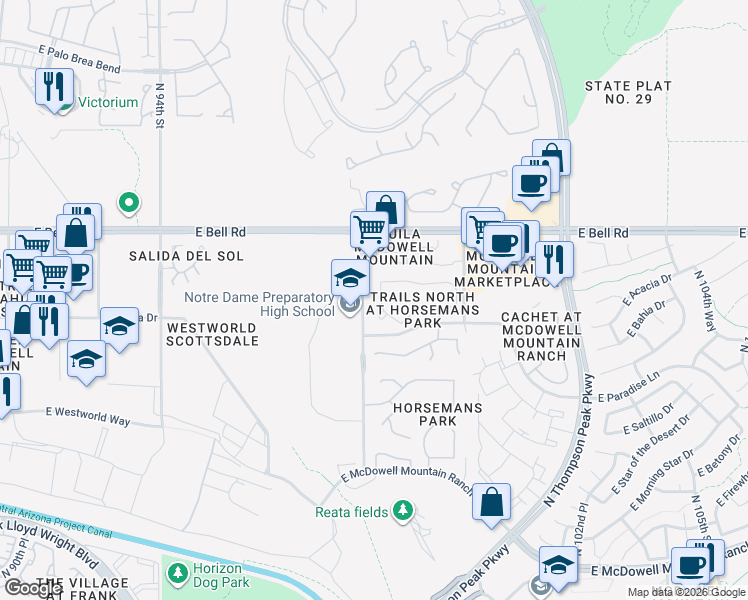 map of restaurants, bars, coffee shops, grocery stores, and more near 900 North 98th Street in Scottsdale