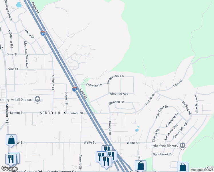 map of restaurants, bars, coffee shops, grocery stores, and more near 21971 Victorian Lane in Wildomar